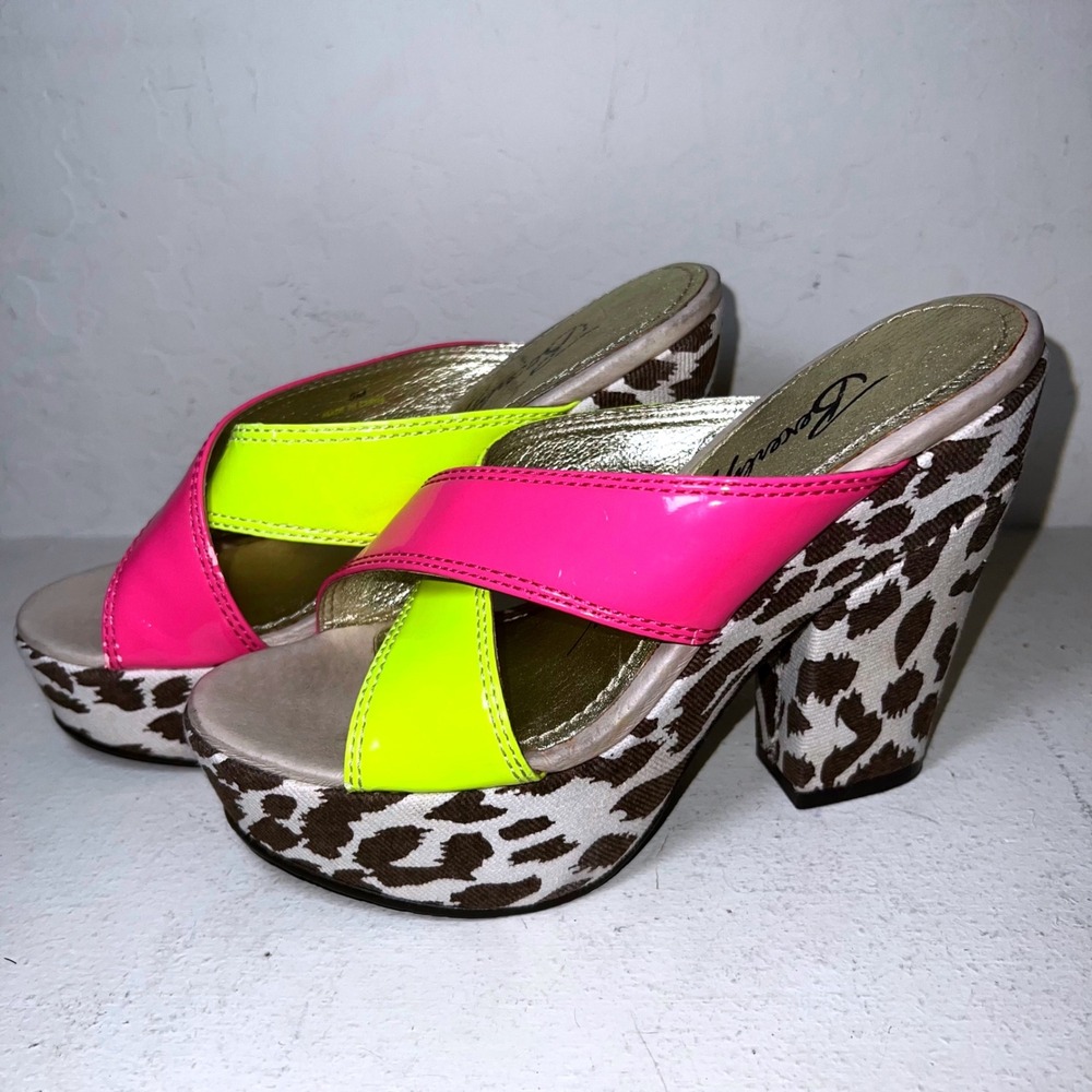 Beverly Feldman Vintage Y2K Maximalist Neon Animal Print Platform Sandals Mules